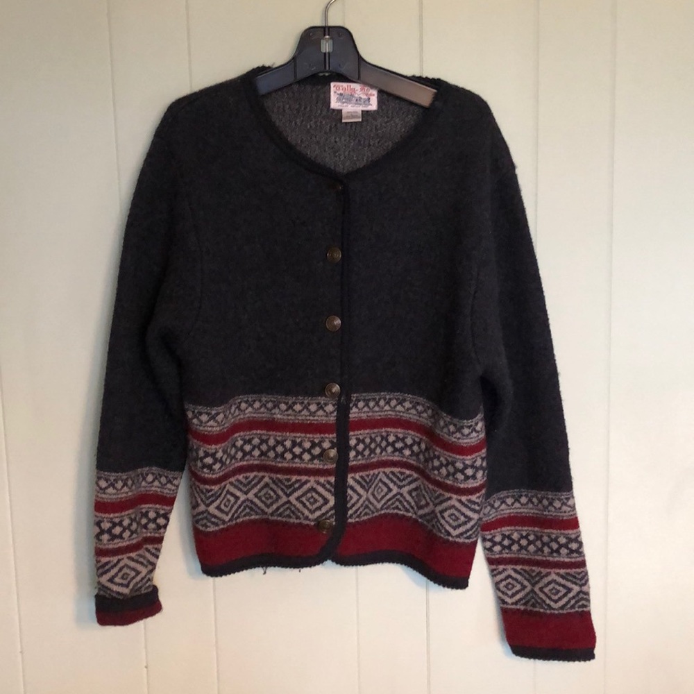 Hundred percent wool button up sweater.